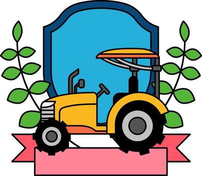 logotype icon of a cartoon tractor in front of a blue shield vector