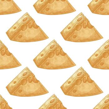 Hand drawn seamless pattern of triangular hole cheese slice in yellow color isolated dairy vector
