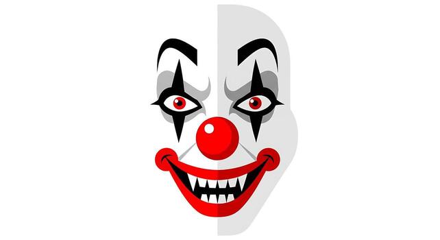 A sinister clown face with piercing red eyes and a wide, unsettling smile, split down the middle with stark white and black shading vector