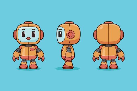 adorable dibujos animados robot personaje poses en frente, perfil, y posterior puntos de vista, Perfecto para para niños libros, juguete diseños, y juguetón tecnología marca materiales vector
