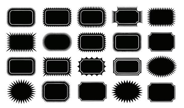 Set of black frames with spiky edges and various shapes for adding text or design elements vector