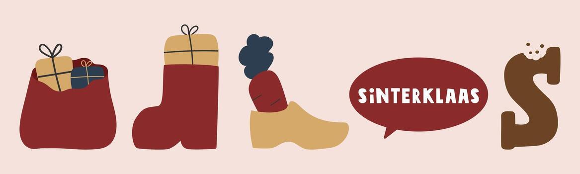 Sinterklaas Holiday Icons. Simple illustration of a bishop's mitre, boot with gift, shoe with carrot, chocolate letter S, and Sinterklaas speech bubble. Minimal design set. vector