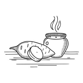 A yam close to a clay pot placed on a rustic table vector