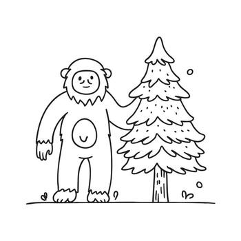 un yeti cerca a un pino árbol espolvoreado con escarcha vector