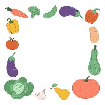 Square frame of colorful vegetables and fruits in flat style with partial outline. Autumn and harvest concept. illustration. vector
