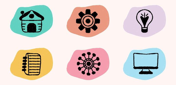 Set of hand drawn style technology and creative icons including computer monitor, small house, gear, light bulb, notebook, and network vector