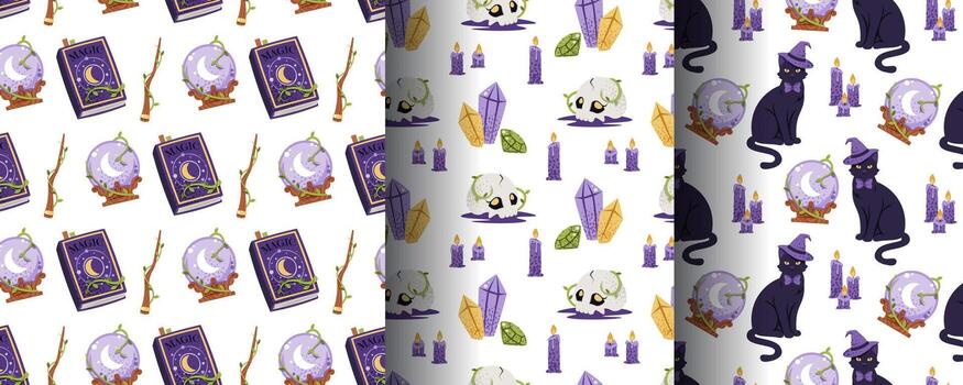 místico Víspera de Todos los Santos sin costura modelo conjunto con brujería elementos. negro gato, libro de hechizos, cristal pelota, cráneo y magia cristales plano diseño oculto antecedentes para textil, regalo envoltura, fiesta decoración vector