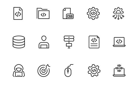 programación codificación iconos software desarrollo iconos código, API, programador, desarrollador, información tecnología, descifrador sencillo mínimo Delgado línea icono recopilación. vector