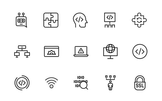 programación codificación iconos software desarrollo iconos código, API, programador, desarrollador, información tecnología, descifrador sencillo mínimo línea icono ilustración. vector