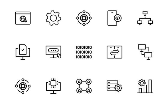 programación codificación iconos software desarrollo iconos código, API, programador, desarrollador, información tecnología, descifrador sencillo mínimo línea icono colocar. vector