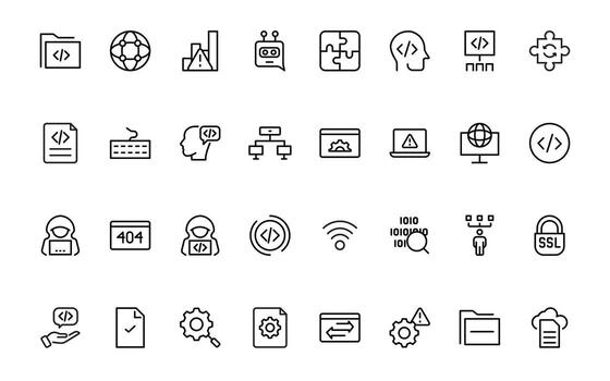 programación codificación iconos software desarrollo iconos código, API, programador, desarrollador, información tecnología, descifrador sencillo mínimo Delgado línea ilustración. vector