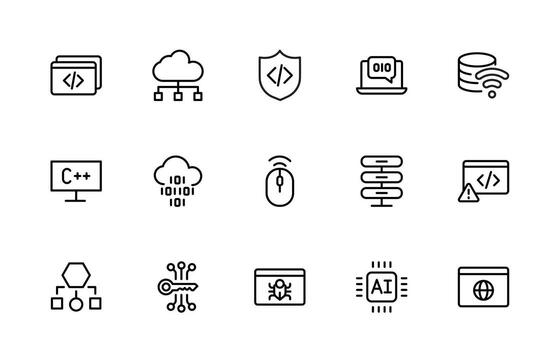 programación codificación iconos software desarrollo iconos código, API, programador, desarrollador, información tecnología, descifrador sencillo Delgado línea icono ilustración. vector