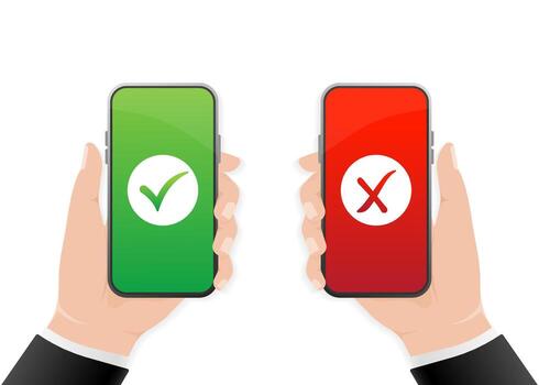 Hands holding smartphones with checkmarks set. Tick and cross check marks. stock illustration. vector