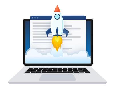 Website speed optimisation - Laptop with webpage and analytic tools on screen. illustration. vector