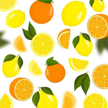 Oranges and lemons falling from different angles. Citrus pattern. Flying Orange and Lemon with green leaf on transparent background. Focused and blurry fruits. Realistic 3d illustration. vector