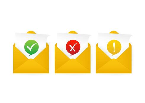 Check mark in envelope. Approved, rejected and warning message. Yellow template on white background. illustration. vector