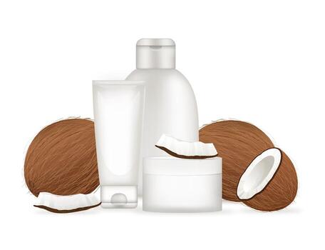 Cosmetic bottles and jars with coconut oil and coconuts showing hydrating properties vector