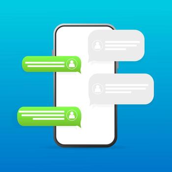 Flat green button on blue background. Talk bubble speech icon. Template chat, message. Template design. Flat illustration. Phone icon . vector