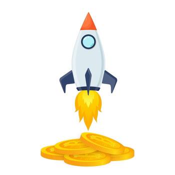 Concept of Crypto currency. Blockchain with a rocket. Bitcoin is Symbol going in to sky. vector