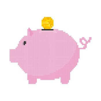 Saving money concept. Piggy bank and hand with dollars. Pixel style image with saving money. vector