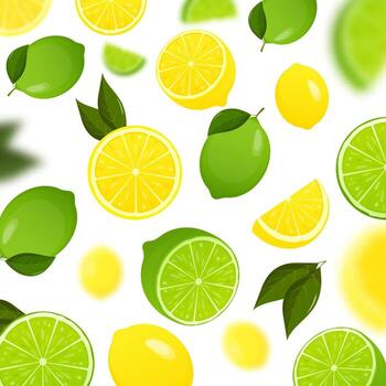 Lime and lemon background. Flying whole, half and slices of fresh lime and lemon vector