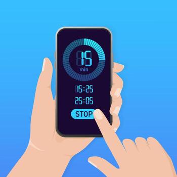 Mockup with blue stopwatch smartphone on white background. Flat design. Digital communication. Chronometer, timer sign. ui screen. vector
