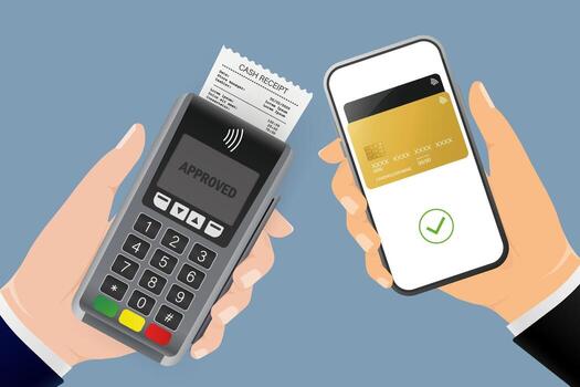 Hand with terminal and smartphone. Abstract online payment for mobile device design. Online transaction. vector