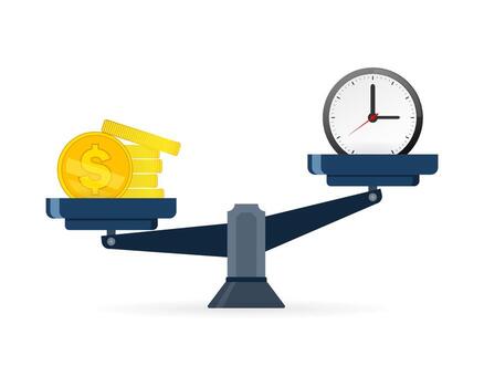Concept of time and money. Time is more valuable than money. Time is money on scales icon on a white background in flat style. illustration. vector