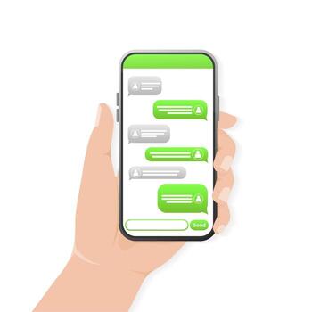 Chat screen with hand. Text message. Green chat bubble. Smartphone screen. vector