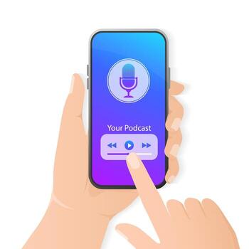 teléfono inteligente podcast en 3d estilo. creativo cubrir diseño. moderno móvil aplicación usuario interfaz concepto. medios de comunicación tecnología. en línea tecnología concepto ilustración. vector