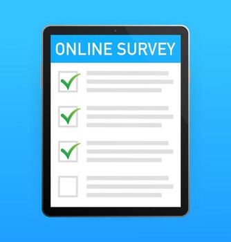 Checklist on tablet screen. Online survey concept. Hand holds tablet and check list with checkmark. Icon for mobile app design. illustration. vector