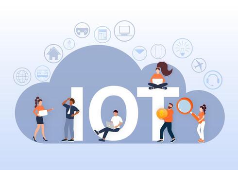 IOT. Internet of things, devices and connectivity concepts on a network, flat style with people. Spider web of network connections. illustrations vector