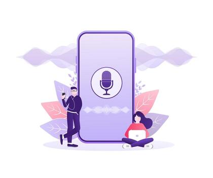 concepto ilustración de joven personas con voz asistente, altavoz reconocimiento, voz revisado inteligente vocero. vector