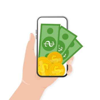 Mobile wallet. Internet banking app. Web design, mobile app. Hand holding smartphone. Phone icon . Smartphone screen. vector