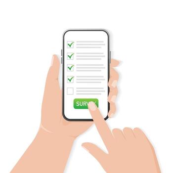 Checklist on smartphone screen. Online survey concept. Hand holds mobile phone and check list with checkboxes and checkmark. Icon for mobile app design. illustration. vector