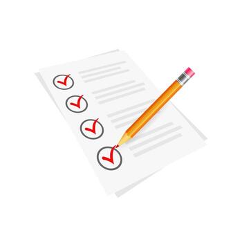 red check mark symbol and icon on checklist with pencil for approved design vector