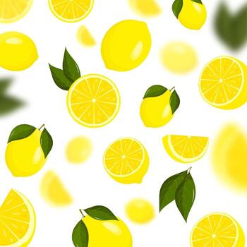 Lemon falling from different angles. Lemon citrus background. Flying Lemon with green leaf on transparent background. Focused and blurry fruits. Realistic 3d illustration. vector