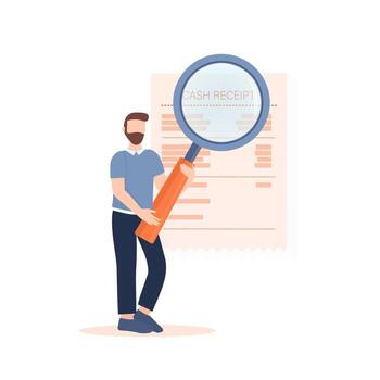 hombre mirando mediante aumentador vaso a factura, cheque o factura. concepto de revisión de cuentas Servicio para negocio, presupuesto planificación, ingresos cálculo. ilustración. vector