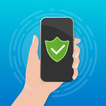 Green smartphone protection with hand isolated on white background. Mobile app interface. Hand holding smartphone. Phone display. Data secure. vector