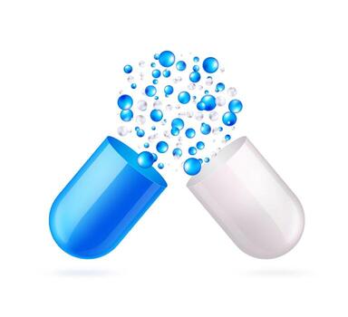 Open capsule pill with falling out blue and gray molecules in realistic style isolated on transparent background vector
