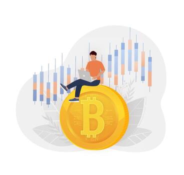 bitcoin en plano estilo en blanco antecedentes. hombre se sienta en bitcoin criptomoneda bitcoin divisa. vector
