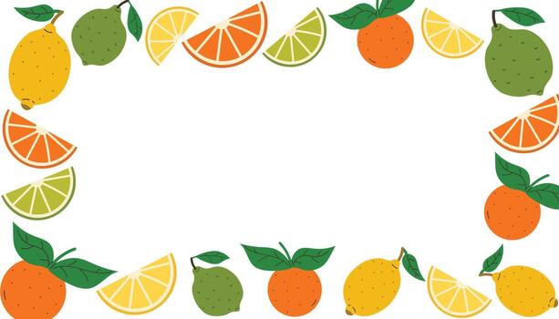 Rectangular frame of citrus fruits like lemon, lime, orange with leaves and wedges in flat cartoon style. Bright fruity border for card, poster, packaging, label, invitation, or food design project. vector