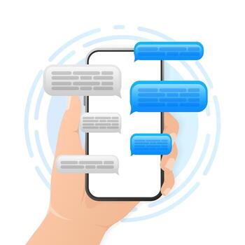 Flat blue button on blue background. Talk bubble speech icon. Template chat, message. Template design. Flat illustration. Smartphone icon . vector