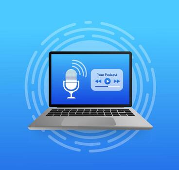 Design template with podcast display. Mobile interface design. Laptop screen. Template media player. Podcast icon . vector