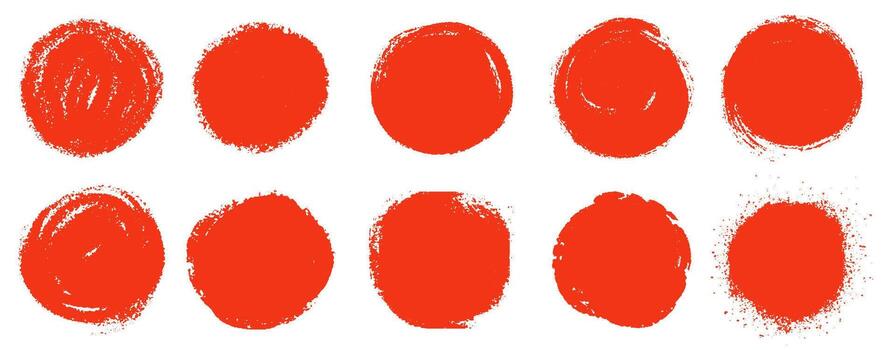 Red brush sun rough. Brush hand drawn textured round shapes. Rough red Japanese flag. Circle shape ink brush stroke texture. Sponge stamp grungy red ink blobs, splashes. illustration vector