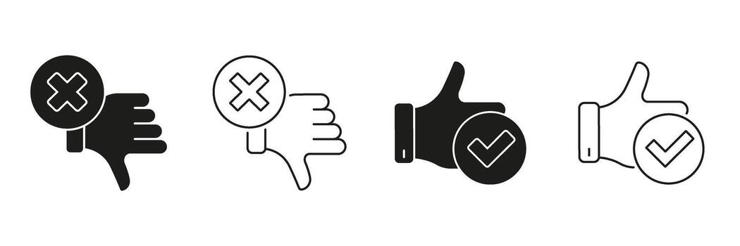 Thumbs Up And Down With Check And Cross Line And Solid Icon Set. Approval And Disapproval, Feedback Evaluation Symbol Collection. Decision Making And Opinion Icons. Isolated Illustration vector