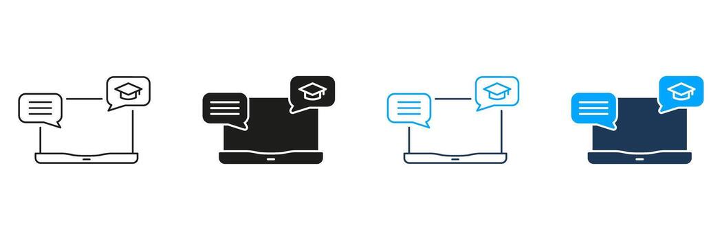 Laptop With Chat Bubbles And Graduation Cap Line And Solid Icon Set. Online Education, E-Learning, And Virtual Classroom Communication. Digital Learning Tools. Isolated Illustration vector