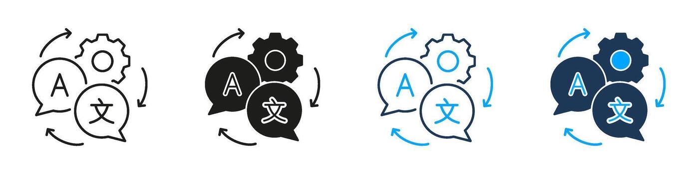 idioma Traducción y automatización línea y sólido icono colocar. plurilingüe comunicación y máquina Traducción símbolo recopilación. global conectividad y tecnología. aislado ilustración vector