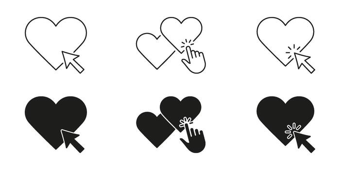 corazón con cursor y hacer clic línea y sólido icono colocar. en línea interacción, social medios de comunicación compromiso, y digital conexión símbolo recopilación. usuario interfaz elementos. aislado ilustración vector