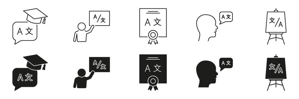 idioma aprendizaje línea y sólido icono colocar. educación, Certificación, y comunicación símbolo recopilación. incluye graduación gorra, habla burbuja, y presentación. aislado ilustración vector